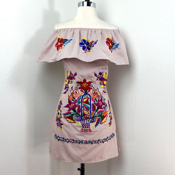 Colorful Floral Embroidered Cotton Dress S/M Flounce Collar Boho Peasant Ethnic - Picture 2 of 12